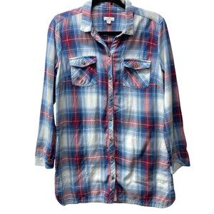 J Jill Denim Plaid Casual Shirt Tunic, Size Small, Button-Up Pockets‎ Cotton
